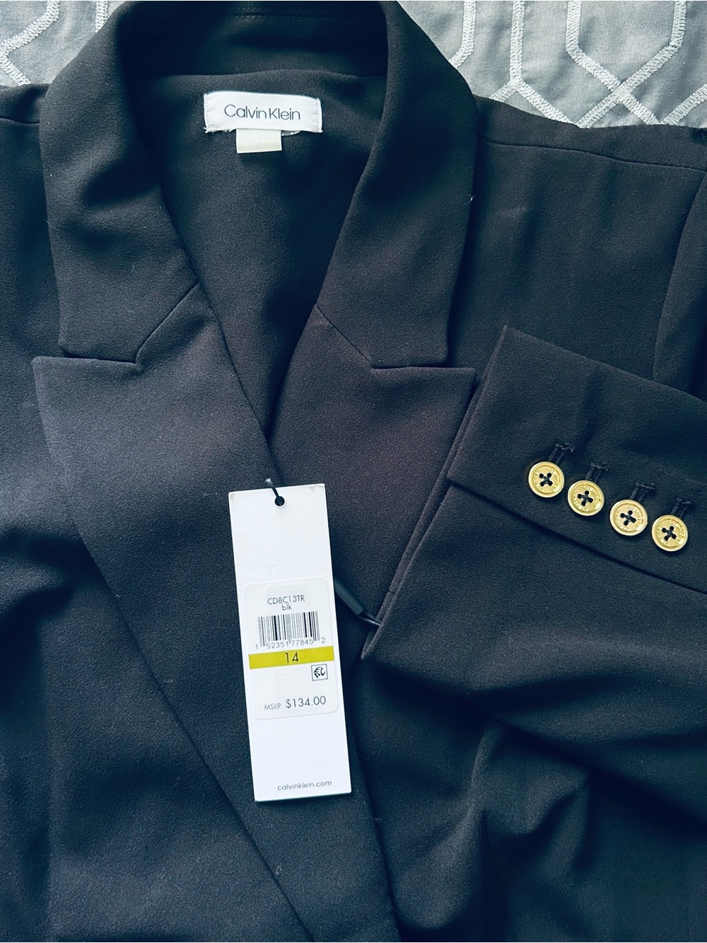 VTG Calvin Klein Black Tailored 3/4 Sleeve Blazer Dress with Gold Button SZ 14